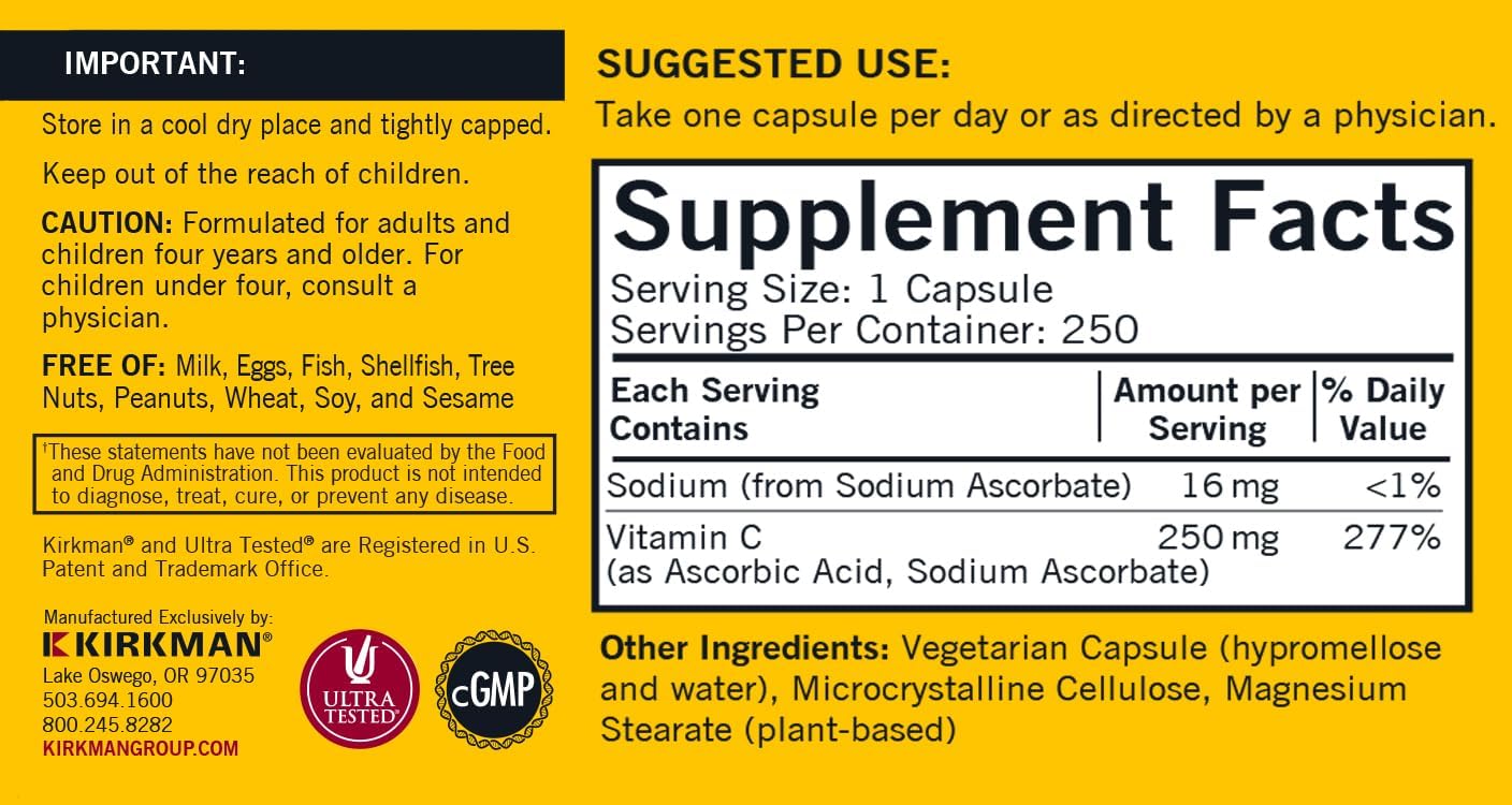 Kirkman Vitamin C 250 mg - 250 Capsules - Antioxidant - Immune Health - Hypoallergenic