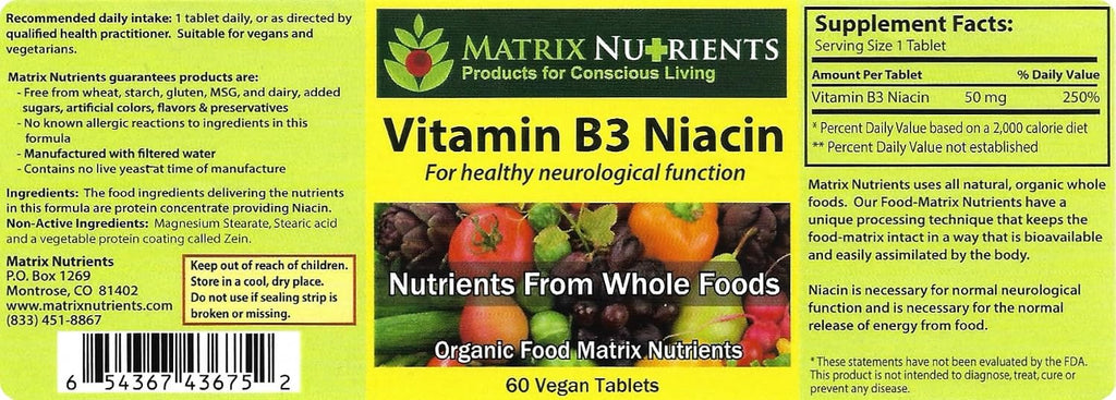 Matrix Nutrients Vitamina B3 Niacina – 100% Orgánico – 60 Comprimidos Veganos