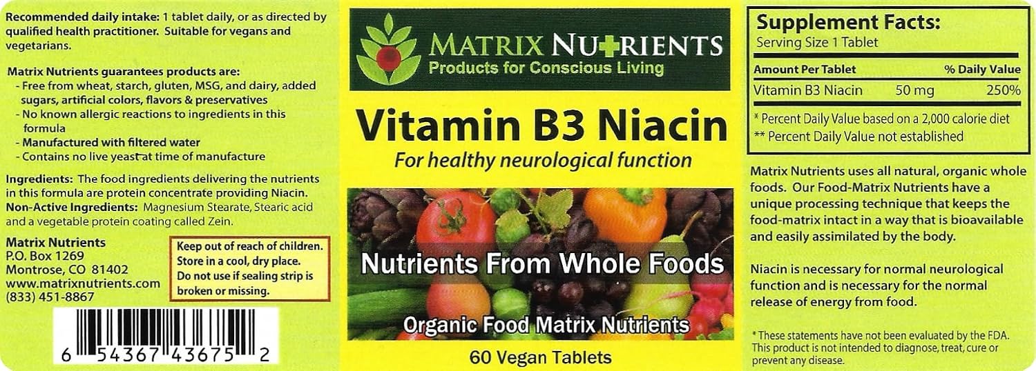 Matrix Nutrients Vitamina B3 Niacina – 100% Orgánico – 60 Comprimidos Veganos