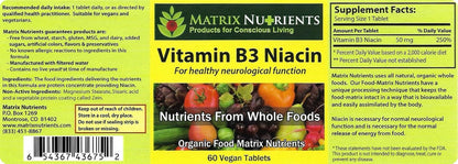 Matrix Nutrients Vitamina B3 Niacina – 100% Orgánico – 60 Comprimidos Veganos