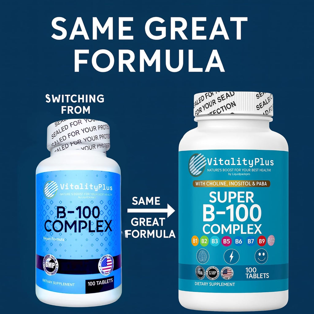 Super B-100 Complex – Complejo de Vitaminas B – Alta Potencia con Colina, Inositol y PABA – 100 Comprimidos