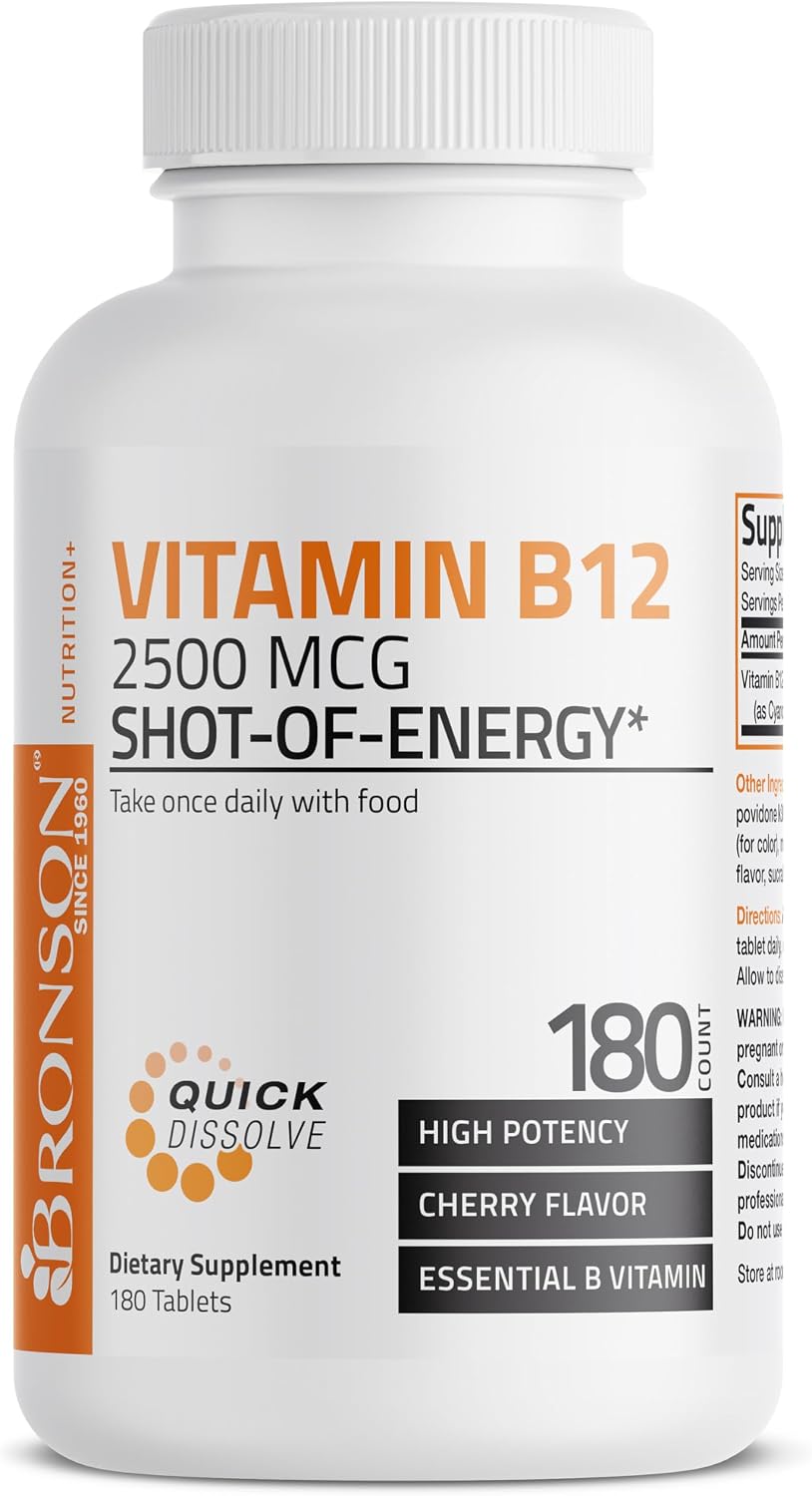 Bronson Vitamina B12 2500mcg Shot of Energy - Comprimidos Sublinguales Sabor Cereza - 180 uds