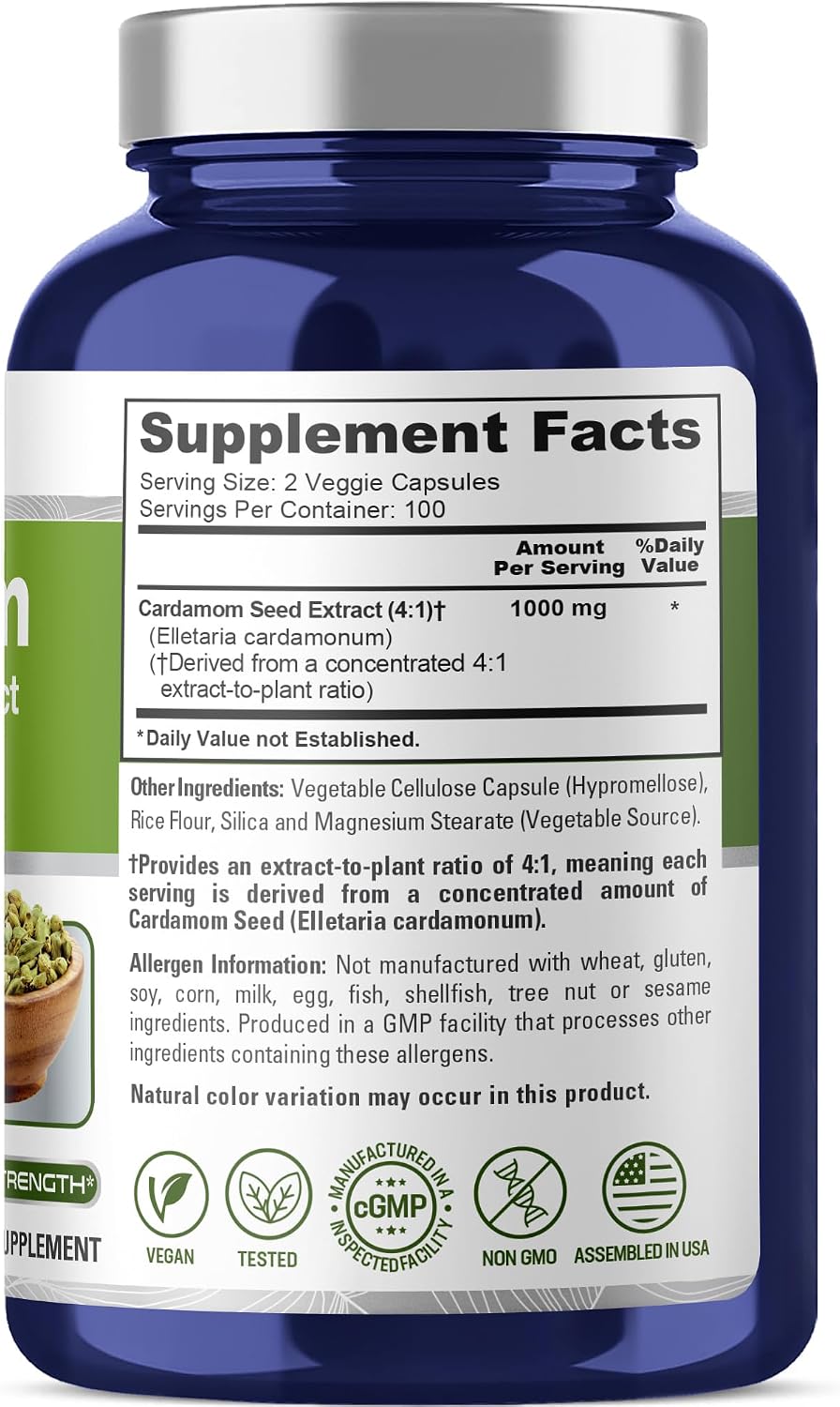 NusaPure Cápsulas de Cardamomo, 1000 mg, 200 Cápsulas Veganas (No OGM, Vegano)