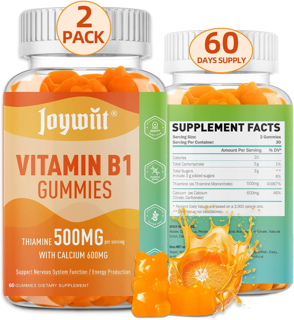 Joywiit Gominolas de Vitamina B1 500mg, Suplemento de Tiamina para Adultos, con 600mg de Citrato de Calcio, Apoya el Sistema Nervioso, Vegano, Masticable Sabor Naranja Natural