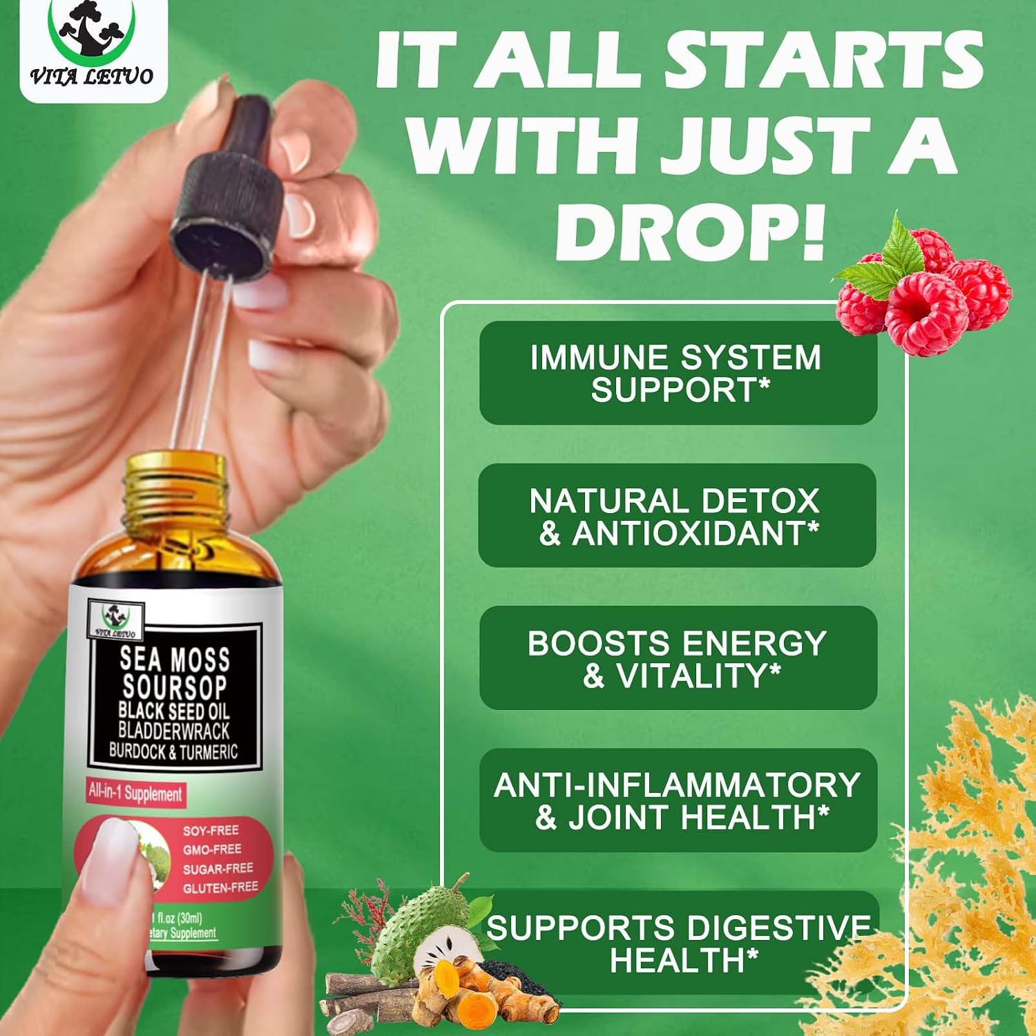 Sea Moss con Aceite de Semilla Negra y Soursop - Gotas Líquidas Multimineral y Vitaminas - Suplemento Superfood Orgánico No-GMO
