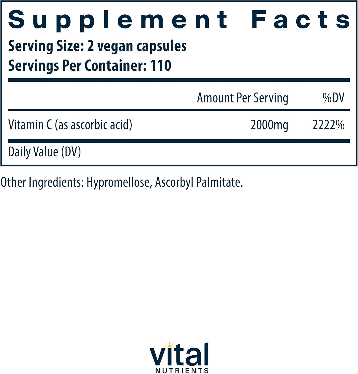 Vital Nutrients Vitamina C 1000 mg - 220 Cápsulas - Ácido Ascórbico Puro