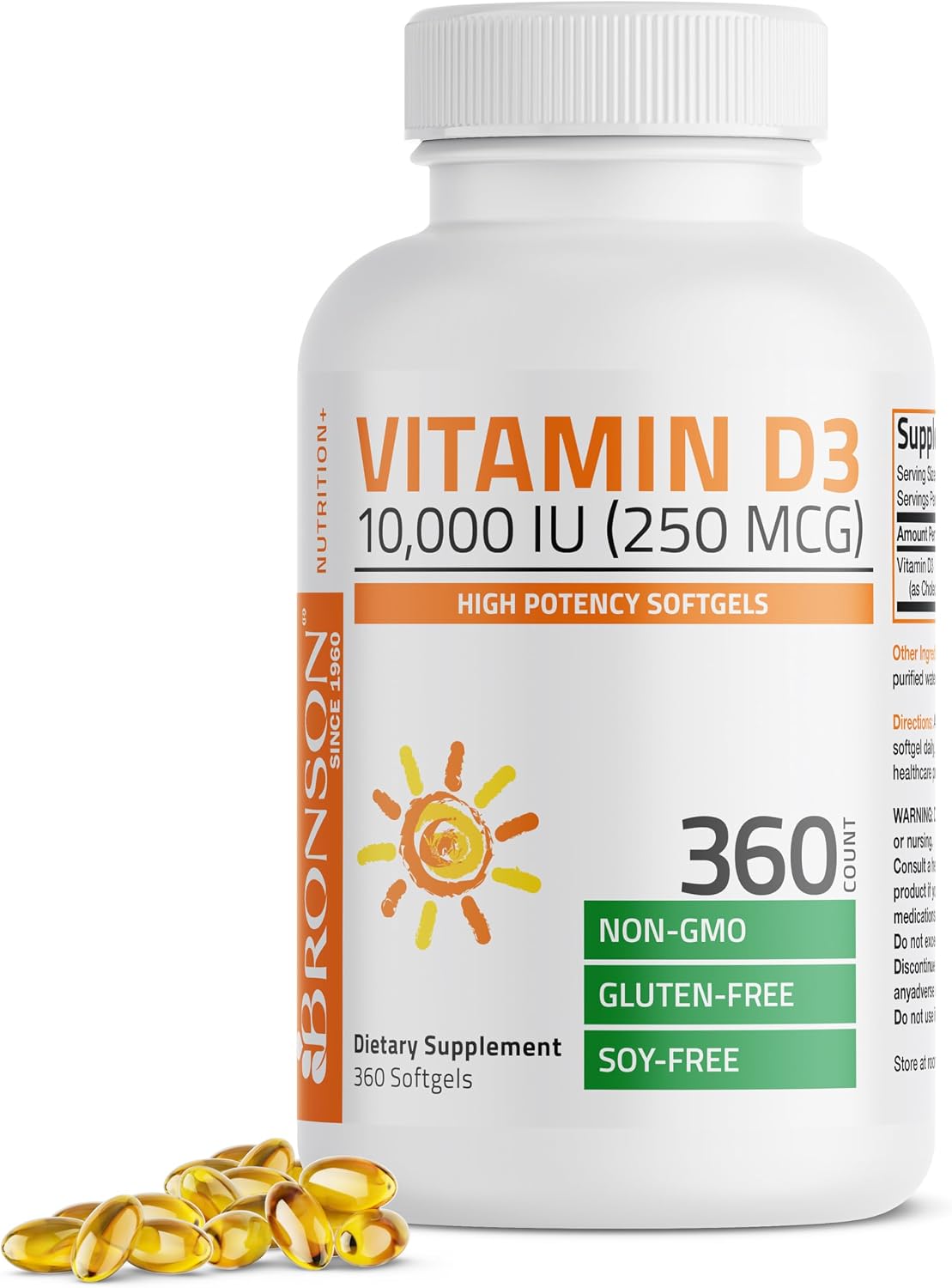 Bronson Vitamina D3 10.000 UI (250 mcg) Alta Potencia - 360 Cápsulas Blandas