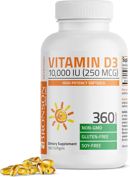 Bronson Vitamina D3 10.000 UI (250 mcg) Alta – Absorción y utilización normal del calcio y el fósforo: Fundamental – Image 1