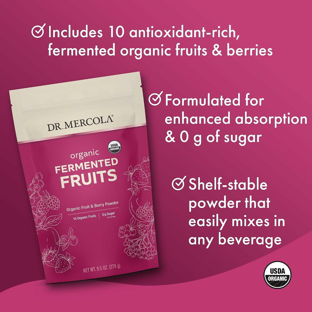 Dr. Mercola Organic Fermented Fruits - Apoya la Salud Digestiva y Celular - Certificado Orgánico - No Transgénico - Sin Soja - Sin Gluten - 9.5 oz (270 g) - 90 Servicios