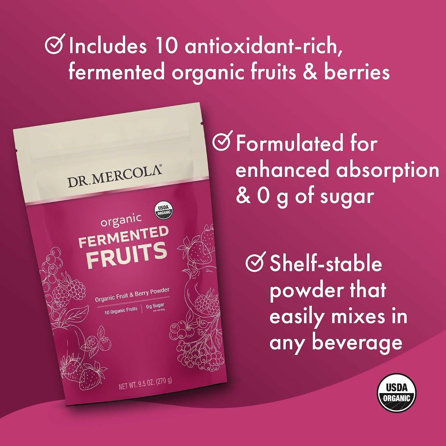 Dr. Mercola Organic Fermented Fruits - Apoya la Salud Digestiva y Celular - Certificado Orgánico - No Transgénico - Sin Soja - Sin Gluten - 9.5 oz (270 g) - 90 Servicios
