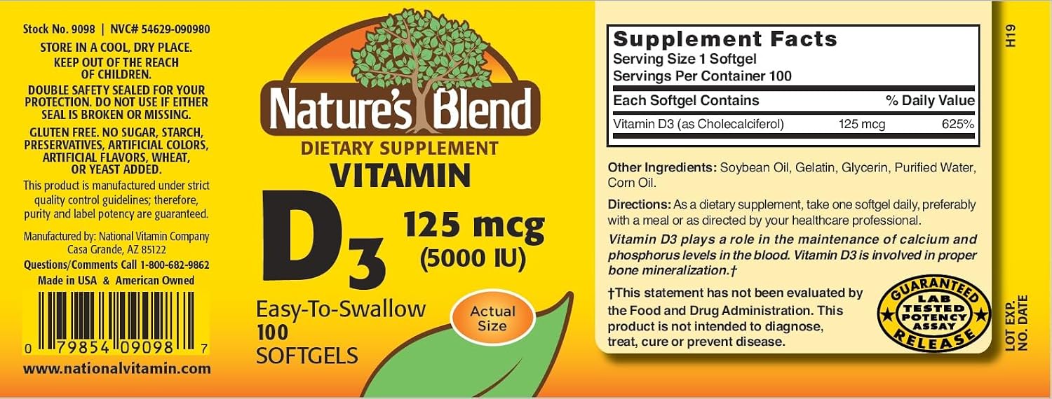 Nature's Blend Vitamina D3 125 mcg (5000 UI) Perlas blandas, 100 unidades