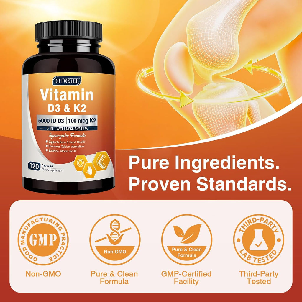 DRFOSTER Vitamin D3 & K2, High-Potency 125mcg D3 & 100mcg K2 (MK7), Advanced Bone & Heart Support Formula with Vitamin E, Folic Acid & Methyl B12, 120 Capsules