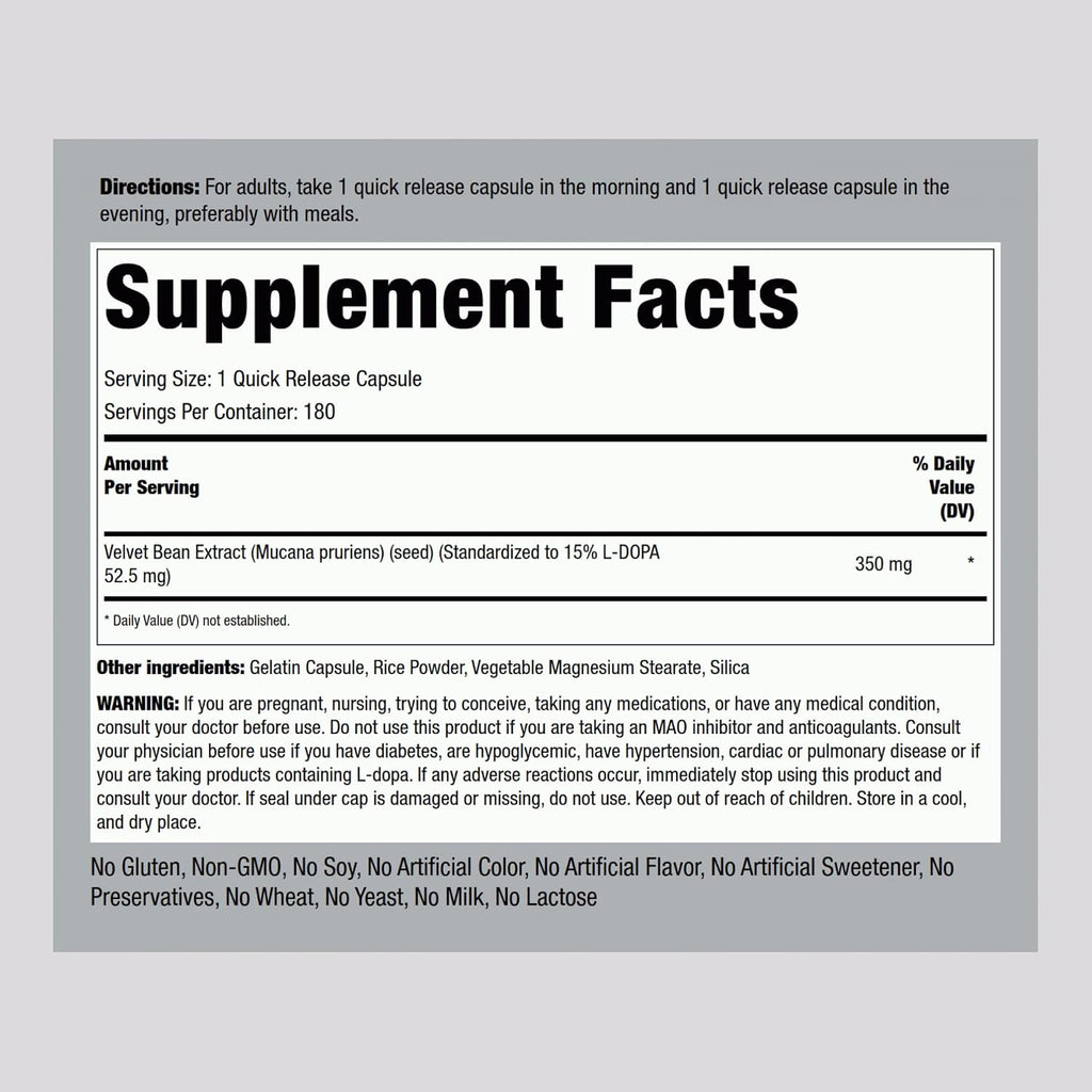 Piping Rock DOPA Mucuna Cápsulas | 180 unidades | 15% L-DOPA | Extracto de Mucuna Pruriens | Suplemento no-GMO y sin gluten