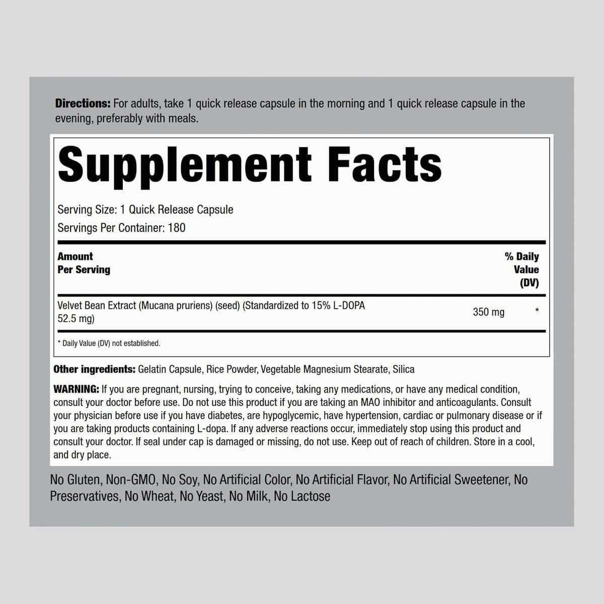 Piping Rock DOPA Mucuna Cápsulas | 180 Unidades | 15% L-DOPA | Extracto de Mucuna Pruriens | Sin OMG, Sin Gluten – Image 2