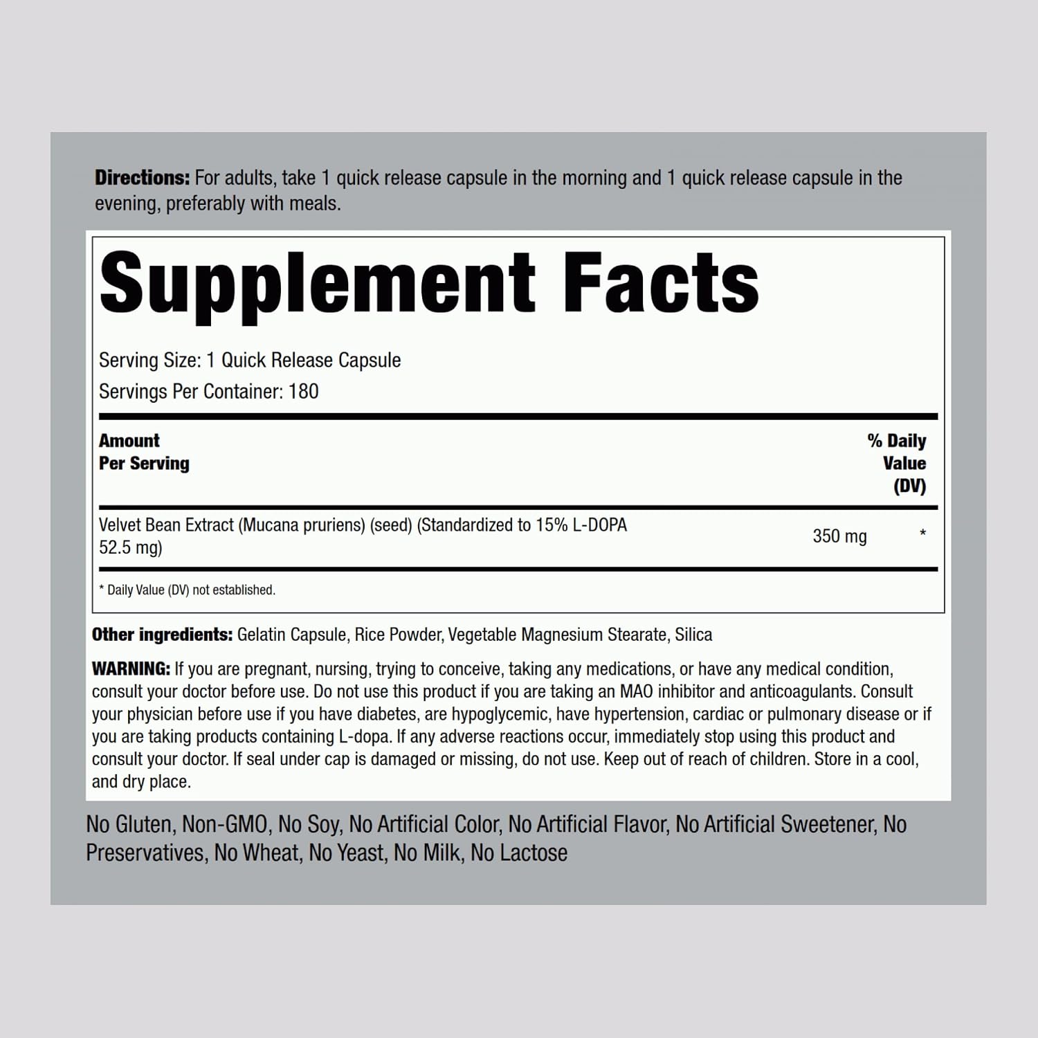 Piping Rock DOPA Mucuna Cápsulas | 180 Unidades | 15% L-DOPA | Extracto de Mucuna Pruriens | Sin OMG, Sin Gluten