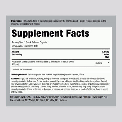 Piping Rock DOPA Mucuna Cápsulas | 180 Unidades | 15% L-DOPA | Extracto de Mucuna Pruriens | Sin OMG, Sin Gluten – Image 2
