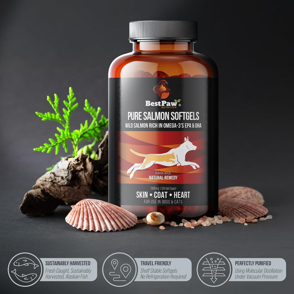 Wild Alaskan Salmon Oil for Dogs and Cats | Omega 3 Fish Oil Soft Gel Capsules | Skin and Coat, Joint and Heart Support | 1000mg EPA DHA | 120 Count