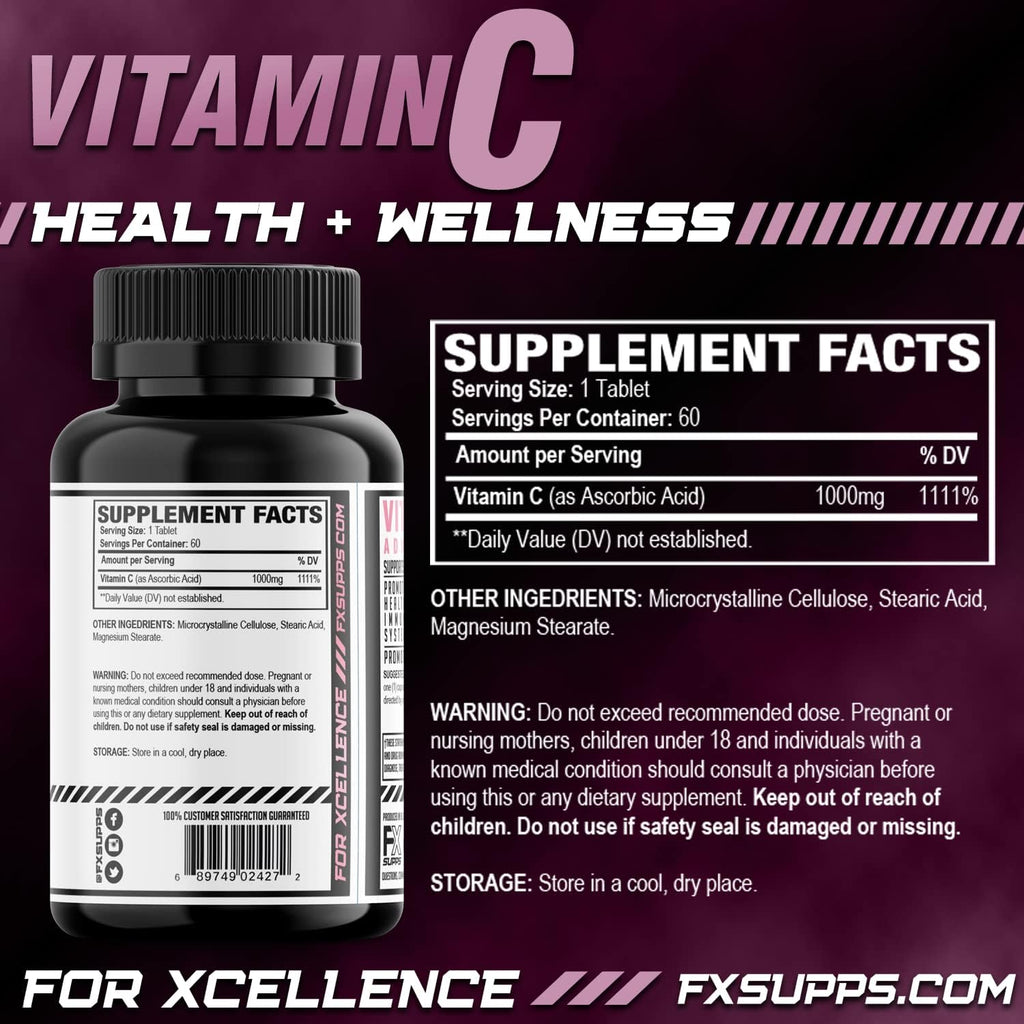 FXSUPPS Vitamina C 1000 mg (100 Cápsulas) - Suplemento Vegano de Vitamina C para Adultos