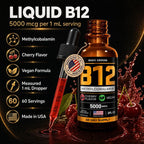 Vitamina B12 Líquida 5000 mcg, Gotas Sublinguales de Metilcobalamina, Sabor a Cereza, Vegano, 60 dosis, 60 ml