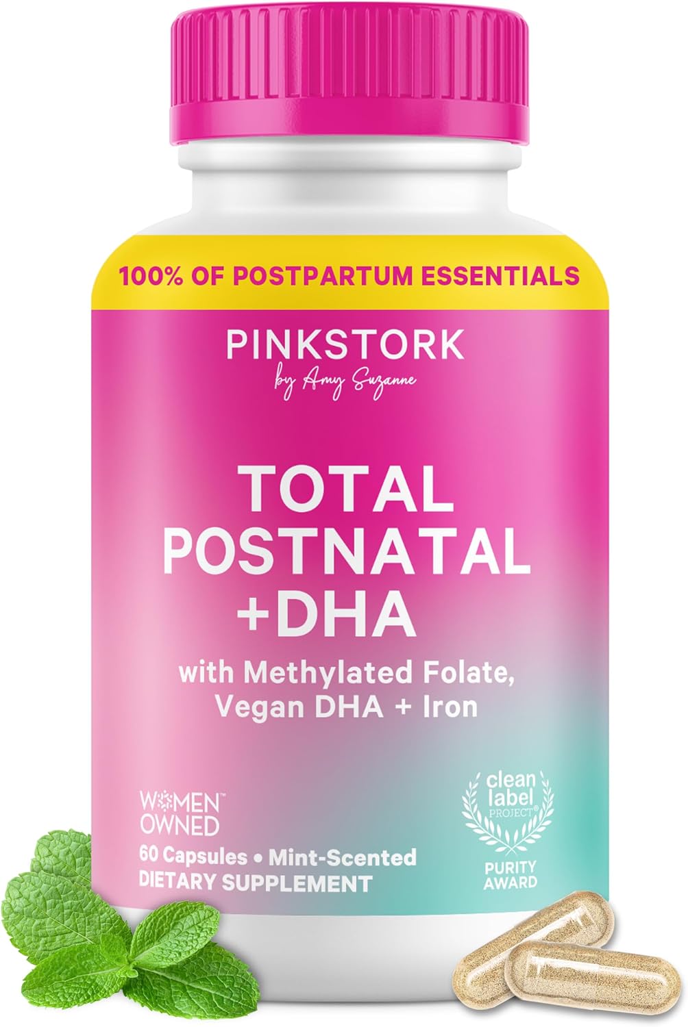 Pink Stork Total Postnatal Vitaminas para Mujeres | DHA de Algas Vegano, Folato Metilado, Hierro, B12 | Apoyo Postparto y Lactancia | 60 Cápsulas, Menta