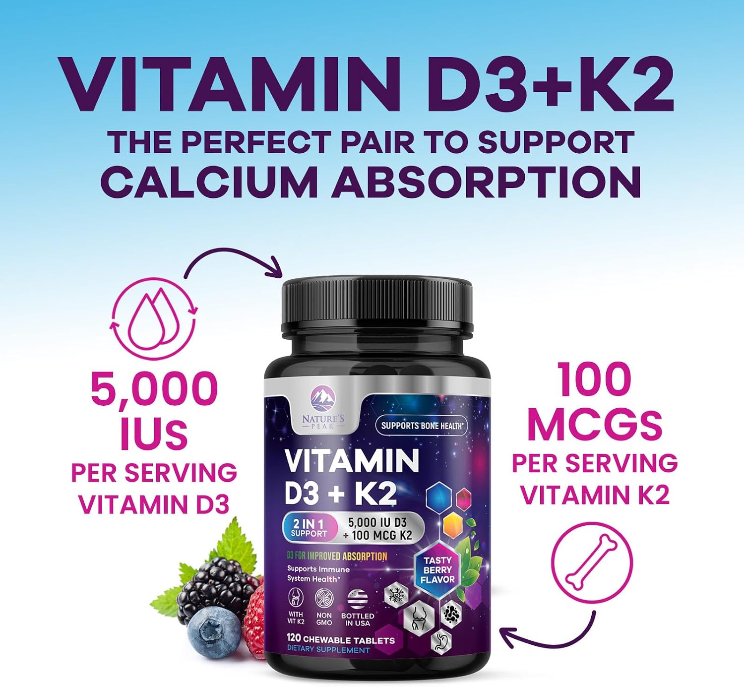 Vitamina D3 K2 5000 UI + 100 mcg MK-7 - 120 Comprimidos Masticables Sabor a Baya
