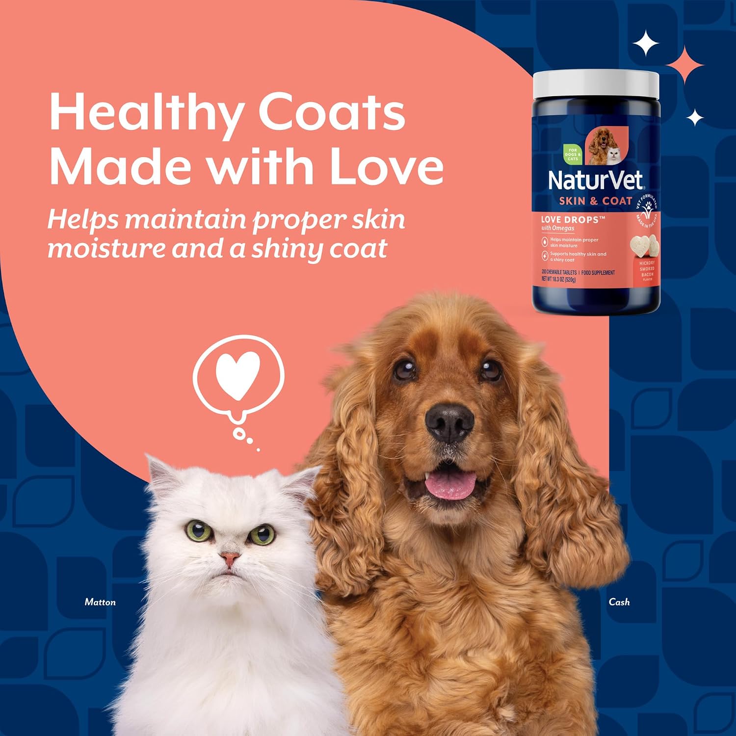 NaturVet Love Drops Plus Omegas - Suplemento para la Piel y el Pelo de Perros y Gatos - 200 Comprimidos Masticables Sabor a Mantequilla de Cacahuete