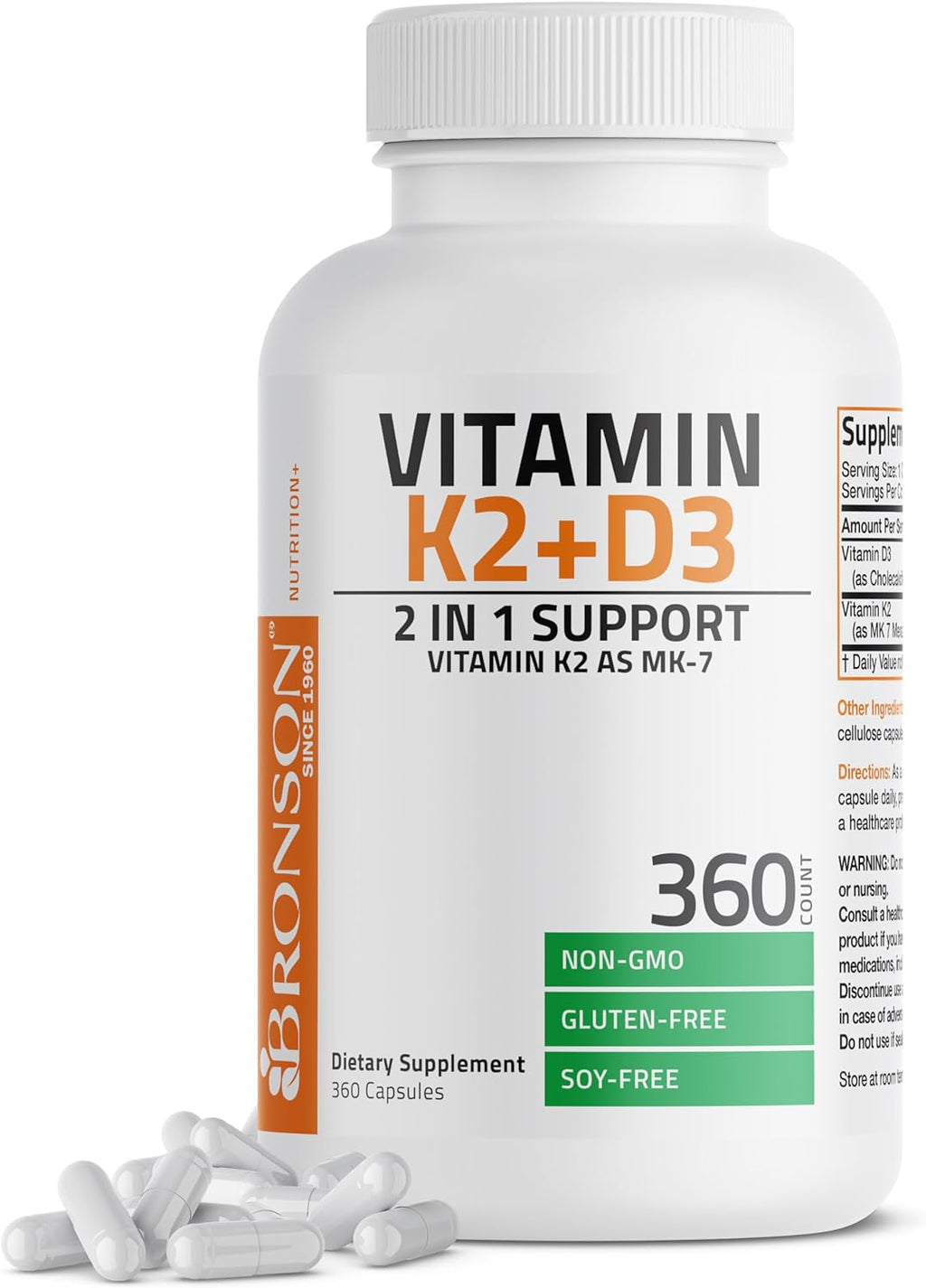 Bronson Complejo de Vitamina D3 y K2 (MK-7) 5000 UI / 90 mcg, 250 Cápsulas