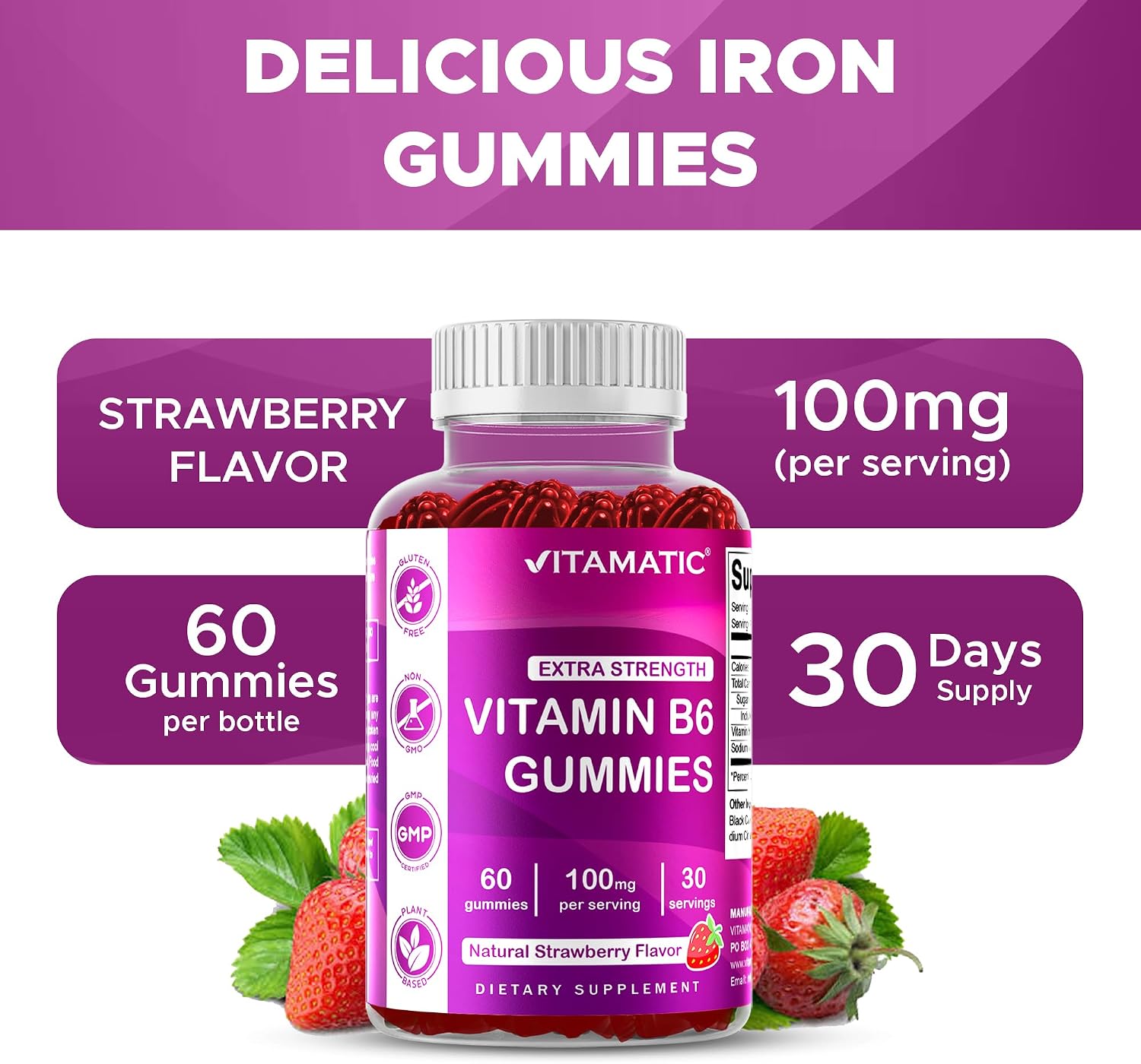 Vitamatic Vitamina B6 100mg - Sabor a Bayas Natural - 60 Gominolas a Base de Pectina - Apoyo Sistema Nervioso