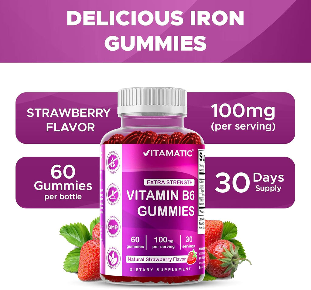 Vitamatic 2 Paquetes de Gomitas de Vitamina B6 100 mg – Sabor Natural a Fresa – 60 Gomitas a Base de Pectina por Frasco – Apoyo al Sistema Nervioso y Energía