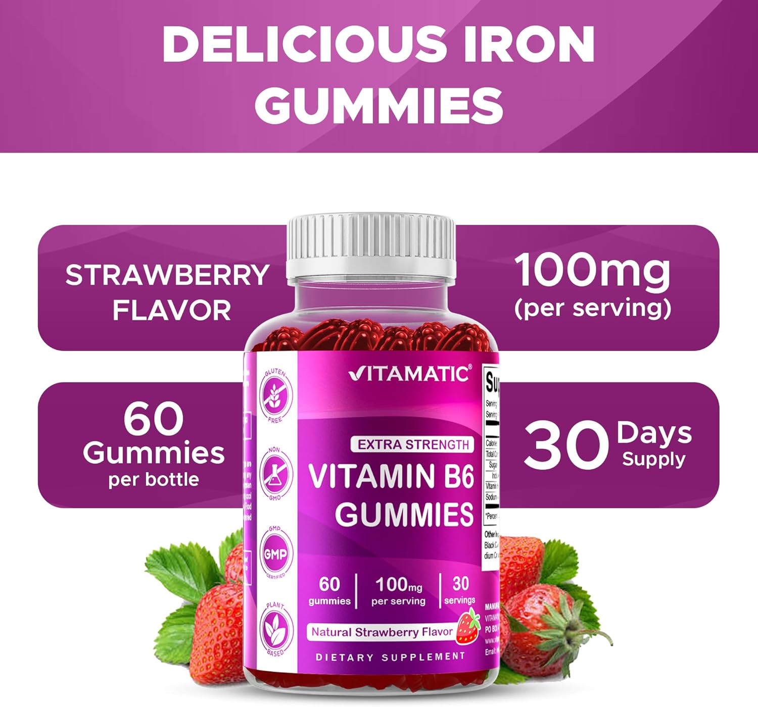 Vitamatic 2 Paquetes de Gomitas de Vitamina B6 100 mg – Sabor Natural a Fresa – 60 Gomitas a Base de Pectina por Frasco – Apoyo al Sistema Nervioso y Energía