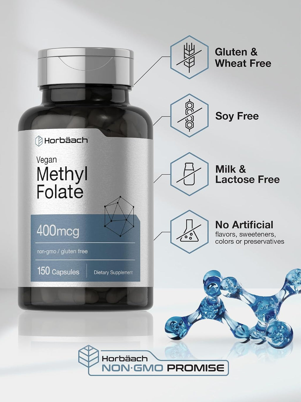 Horbäach Metilfolato 400 mcg | 150 Cápsulas Veganas | No-GMO, Sin Gluten | Complemento Alimenticio