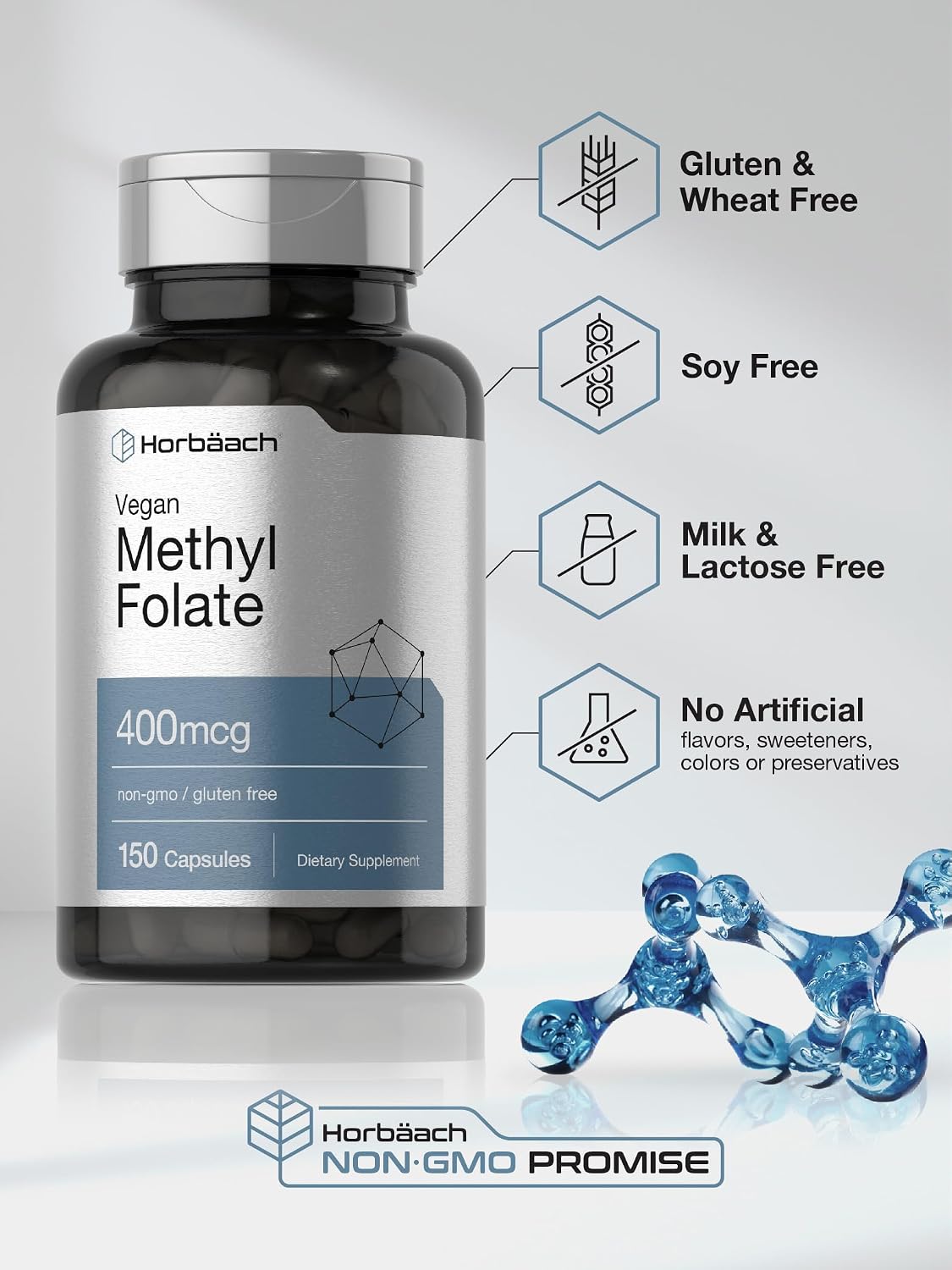 Horbäach Metilfolato 400 mcg | 150 Cápsulas Veganas | No-GMO, Sin Gluten | Complemento Alimenticio