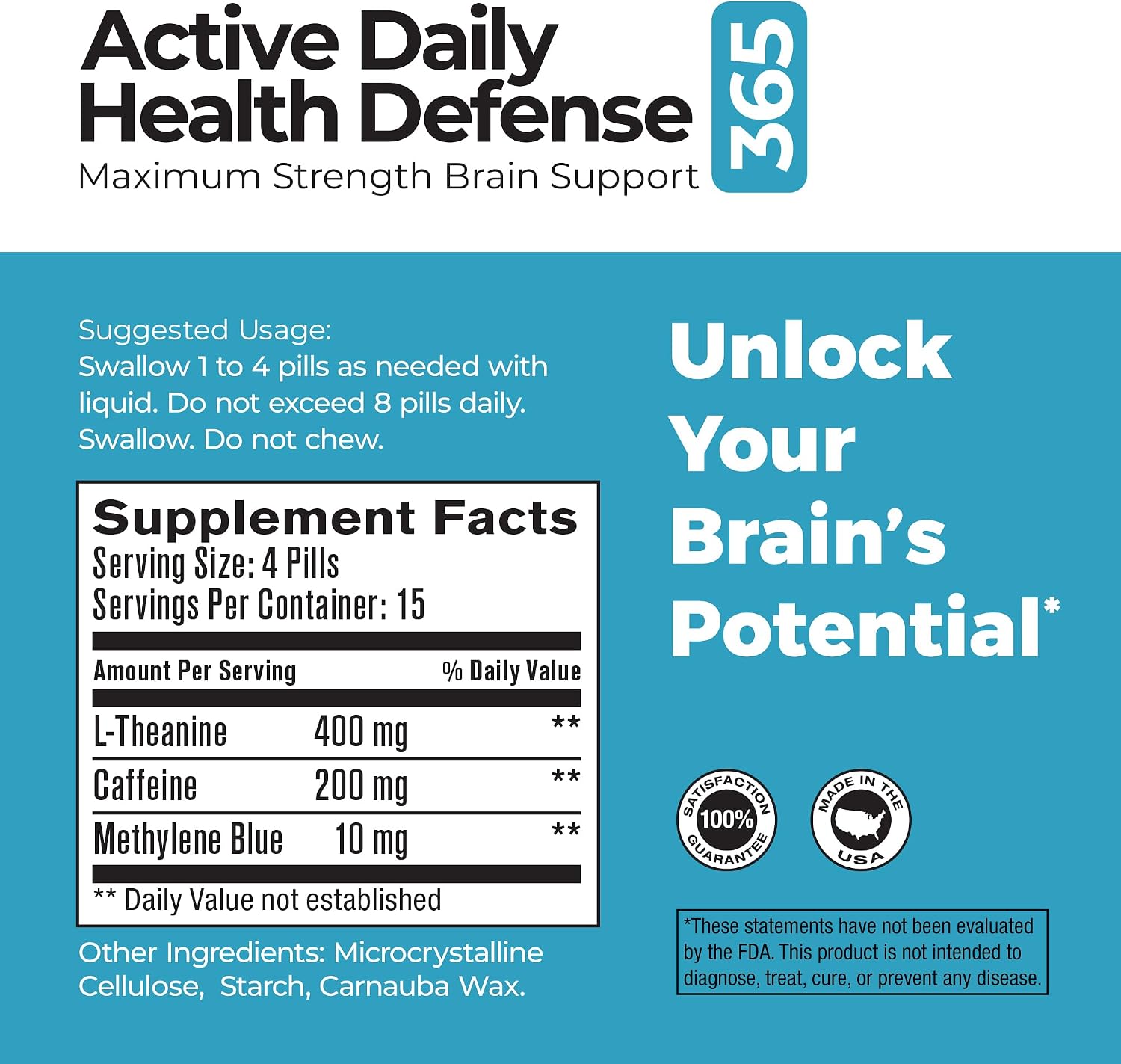 Best 365 Labs Maximum Strength Brain Support - Methylene Blue, Caffeine y L-Theanine - 60 Comprimidos