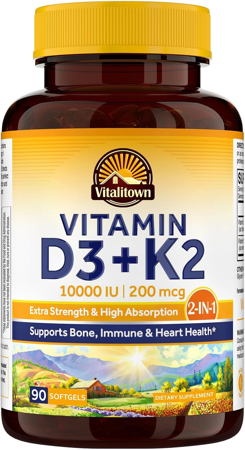 Vitalitown Vitamina D3 K2 Complemento, 10000 UI D3 y 200 mcg K2 (MK-7), 90 Cápsulas Blandas