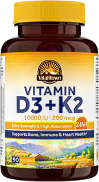 Vitalitown Vitamina D3 K2 Complemento, 10000 UI D3 y 200 mcg K2 (MK-7), 90 Cápsulas Blandas