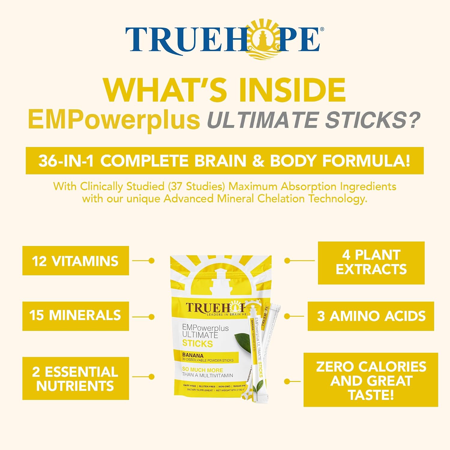 Truehope EMPowerplus Ultimate Sticks Multivitamínico Nootrópico con Inositol - 30 Sobres (Plátano)