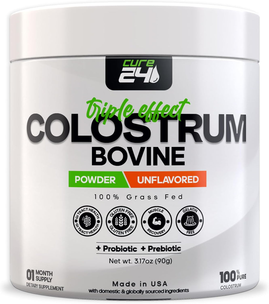 Cure24 Calostro Bovino X3 en Polvo para Humanos, 100% Puro Natural de Pasto, Alto en IgG, con Probiótico y Prebiótico, Sin Sabor, Fabricado en EE.UU.