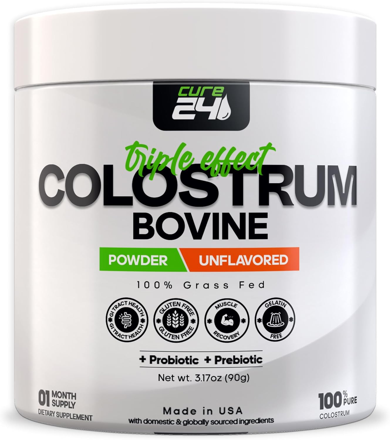 Cure24 Calostro Bovino X3 en Polvo – Suplemento 100% Puro de Pasto con Probióticos y Prebióticos