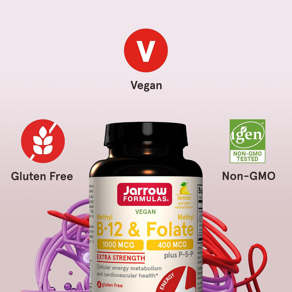 Jarrow Formulas Methyl B-12 1000mcg y Methyl Folate 400mcg, Fórmula de Fuerza Extra, Metabolismo Energético Celular y Salud Cardiovascular con P-5-P, 100 Comprimidos Masticables, 12 Paquetes