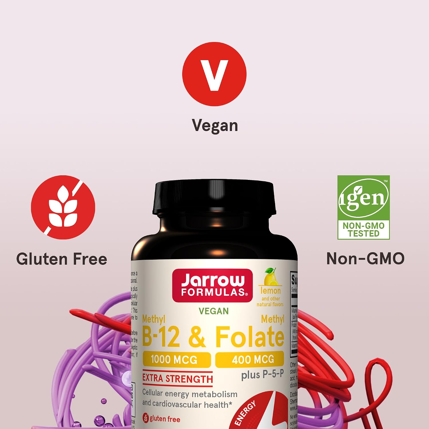 Jarrow Formulas Methyl B-12 1000mcg y Methyl Folate 400mcg, Fórmula de Fuerza Extra, Metabolismo Energético Celular y Salud Cardiovascular con P-5-P, 100 Comprimidos Masticables, 12 Paquetes