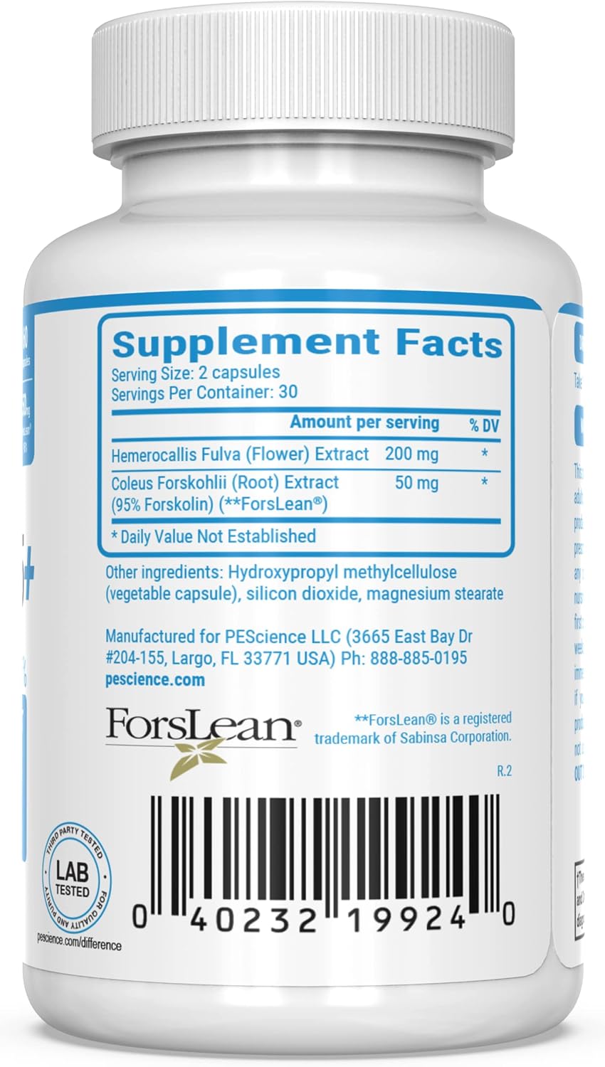 PEScience Forskolin-95+ Cápsulas, 95% Forskolina Pura de Extracto de Coleus Forskohlii con Extracto de Hemerocallis Fulva, ForsLean Patentado, 50 mg, 60 Unidades