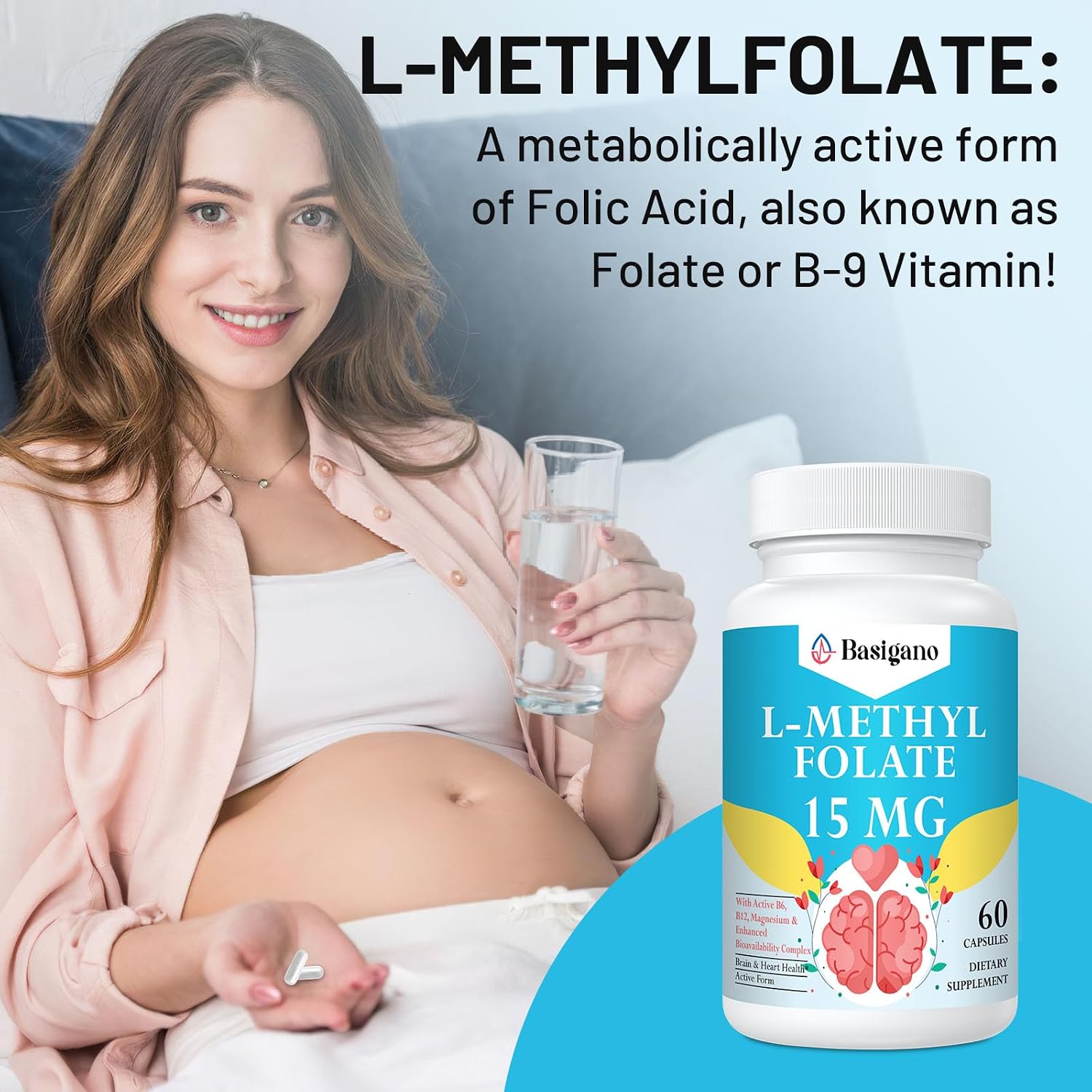 L-Metilfolato 15mg (5-MTHF) - Ácido Fólico Activo con B6 y B12 - Vegano, Sin Gluten, Sin Lácteos (60 Cápsulas)