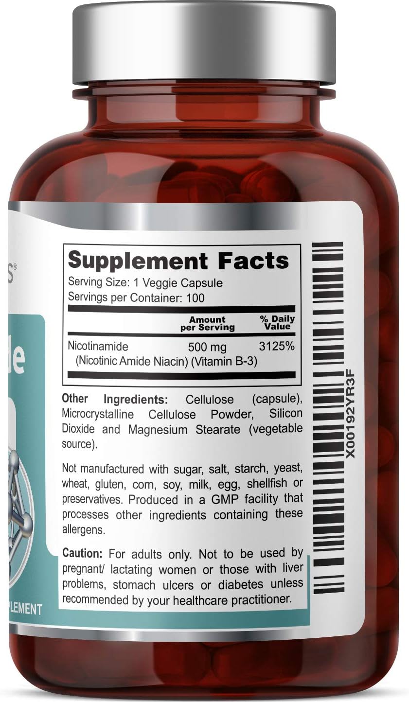 B-3 Nicotinamida 500 mg, 100 Cápsulas - Vitamina B3 Sin Rubor