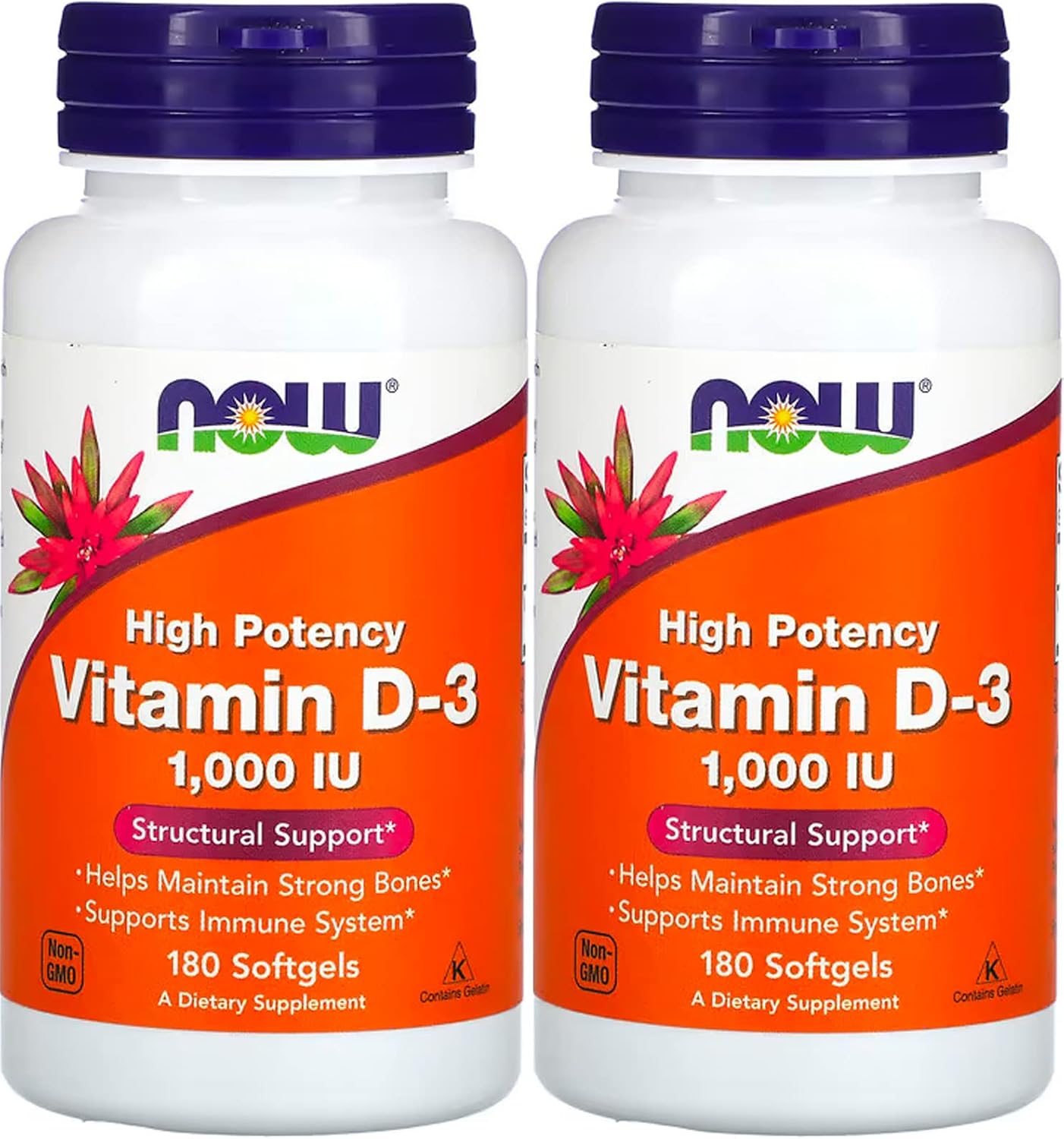 NOW Foods - Vitamina D3 1000 UI (180 cápsulas blandas) Pack de 2