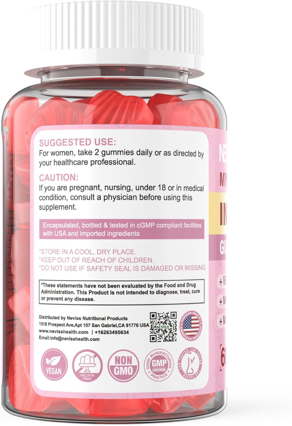 Myo-Inositol & D-Chiro Inositol Gummies Sin Azúcar, Ratio 40:1 con Omega-3 Vegano, Vitamina D3, Magnesio, Folato Metilado, B12 - Complemento Multivitamínico para el Bienestar Femenino