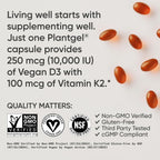 Sports Research® Vitamina D3 + K2 con 10.000 UI de D3 vegetal y 100 mcg de Vitamina K2 como MK-7 | Certificado Vegano y No GMO 60 cápsulas