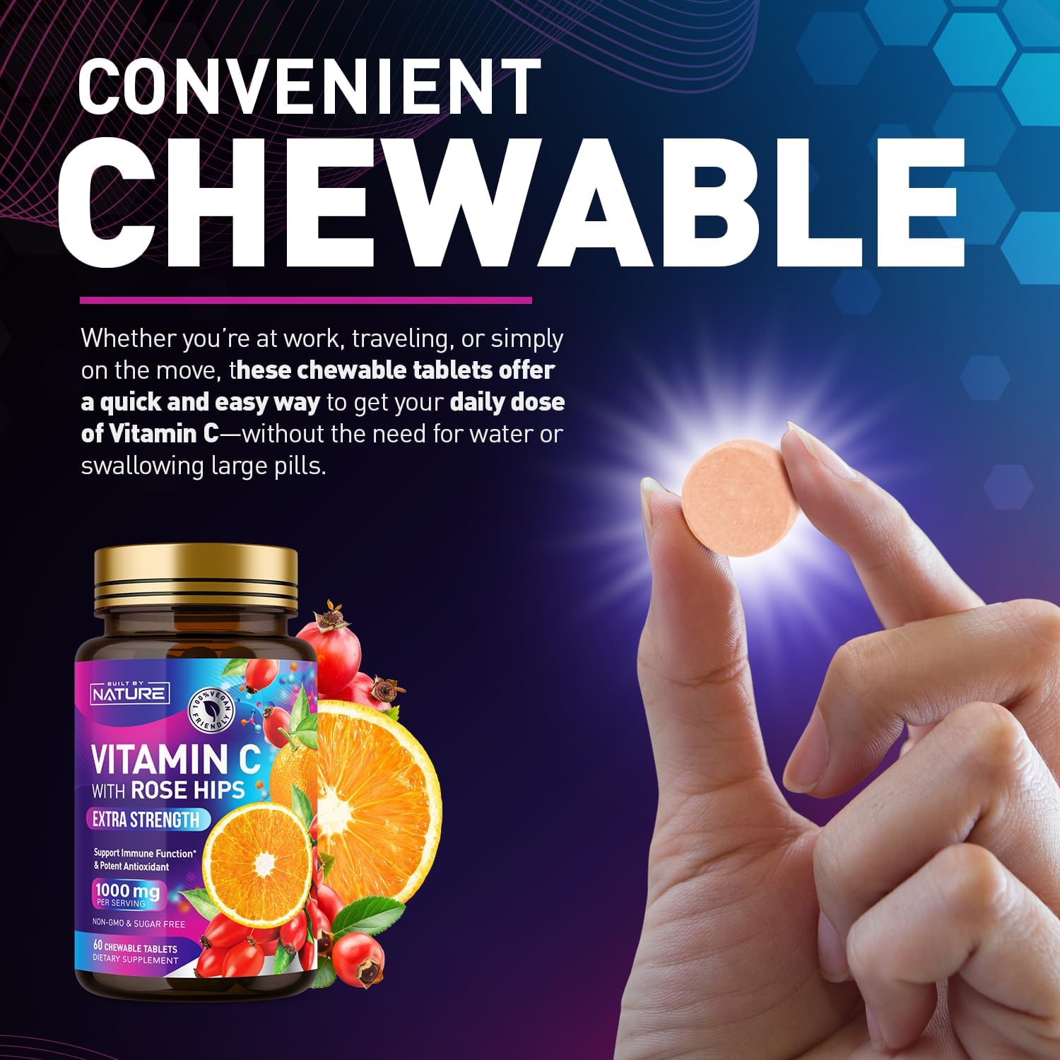 Built by Nature Vitamina C Masticable con Escaramujo - 1000 mg - Sabor Naranja - 60 Comprimidos