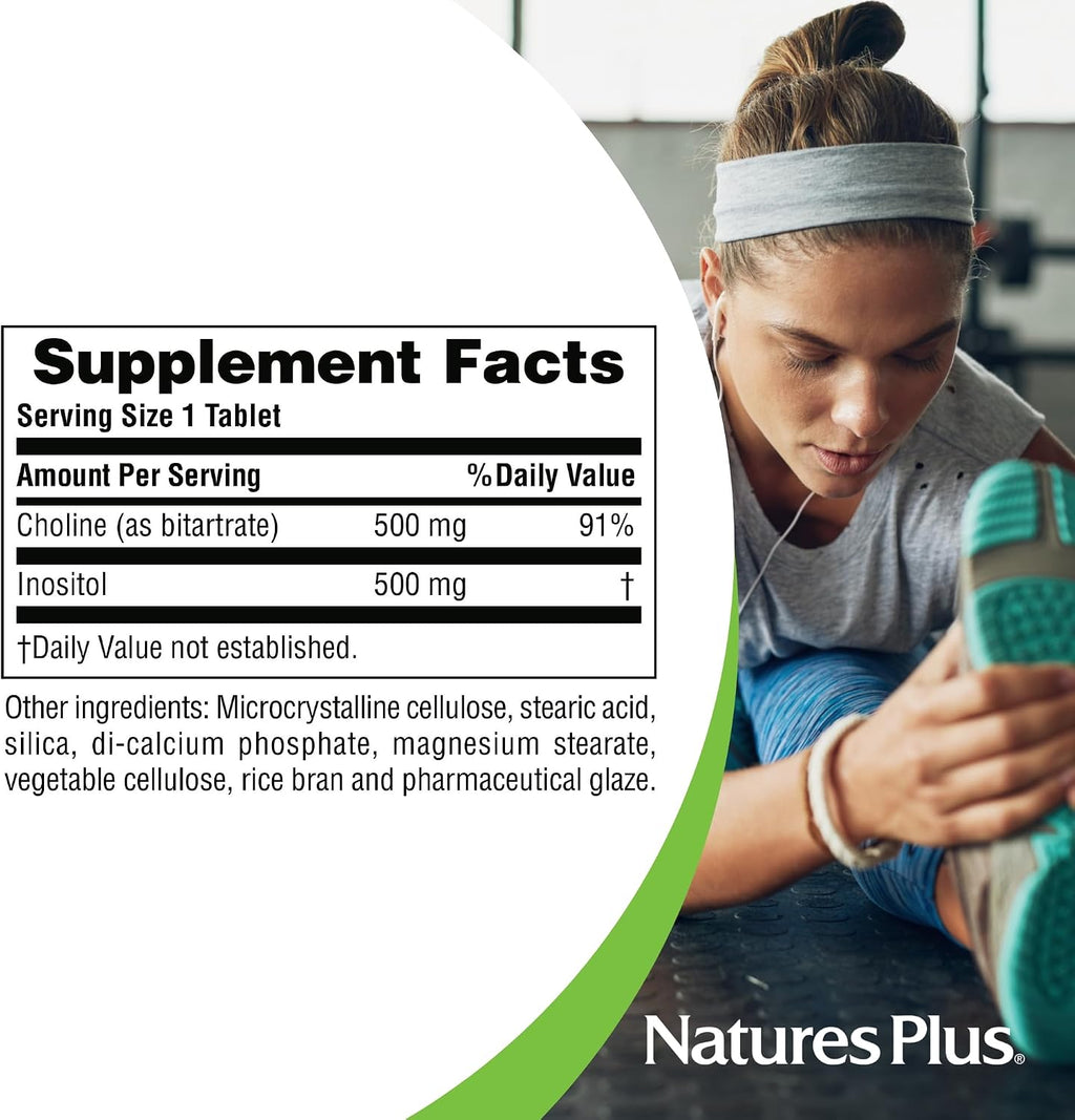 NaturesPlus Colina e Inositol - 500 mg, 60 Comprimidos Vegetarianos - Apoyo al Sistema Nervioso y Función Hepática Saludable - Sin Gluten