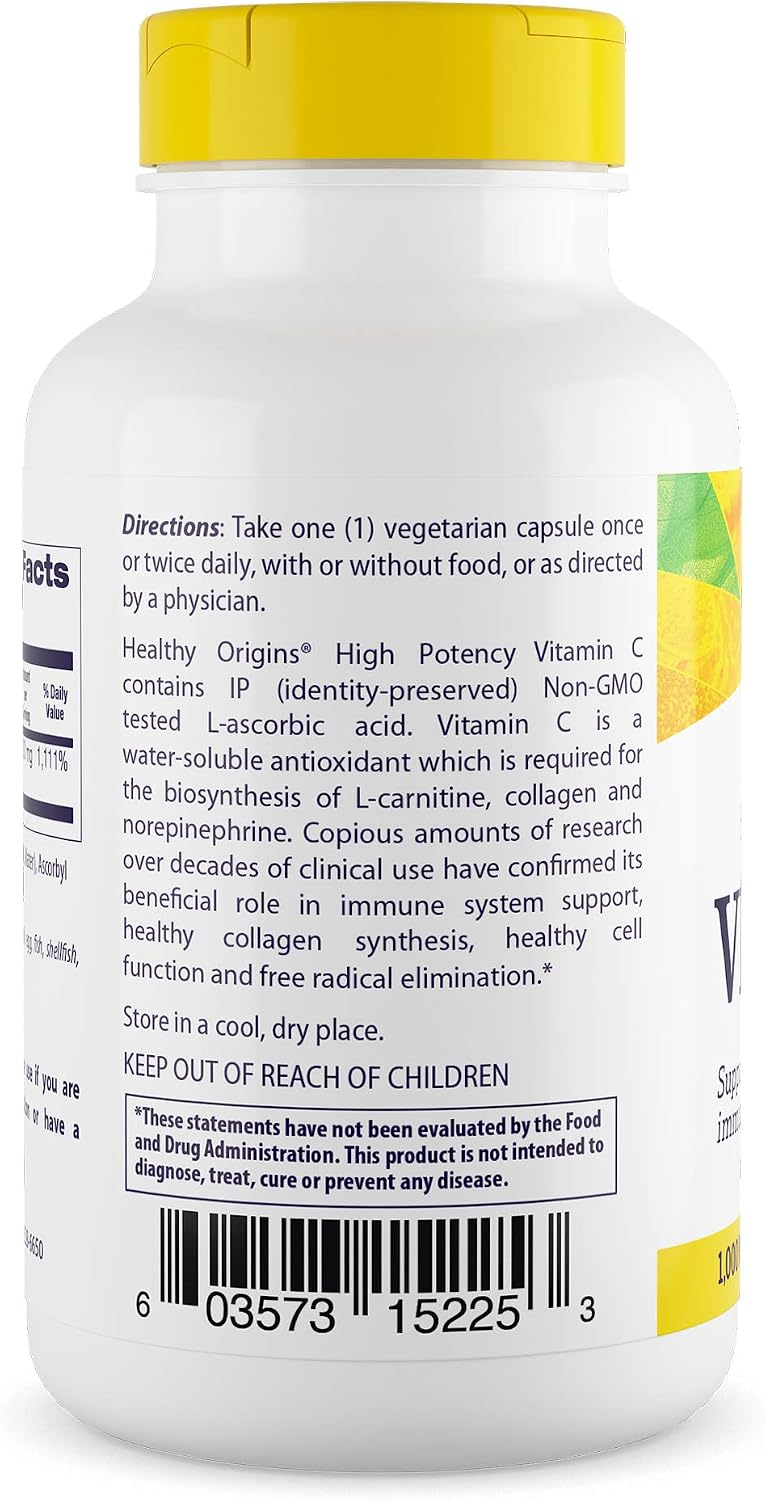 Healthy Origins Vitamina C 1000 mg (No GMO, Alta Potencia, Apoyo Inmunitario, Vegano), 360 Cápsulas Vegetales