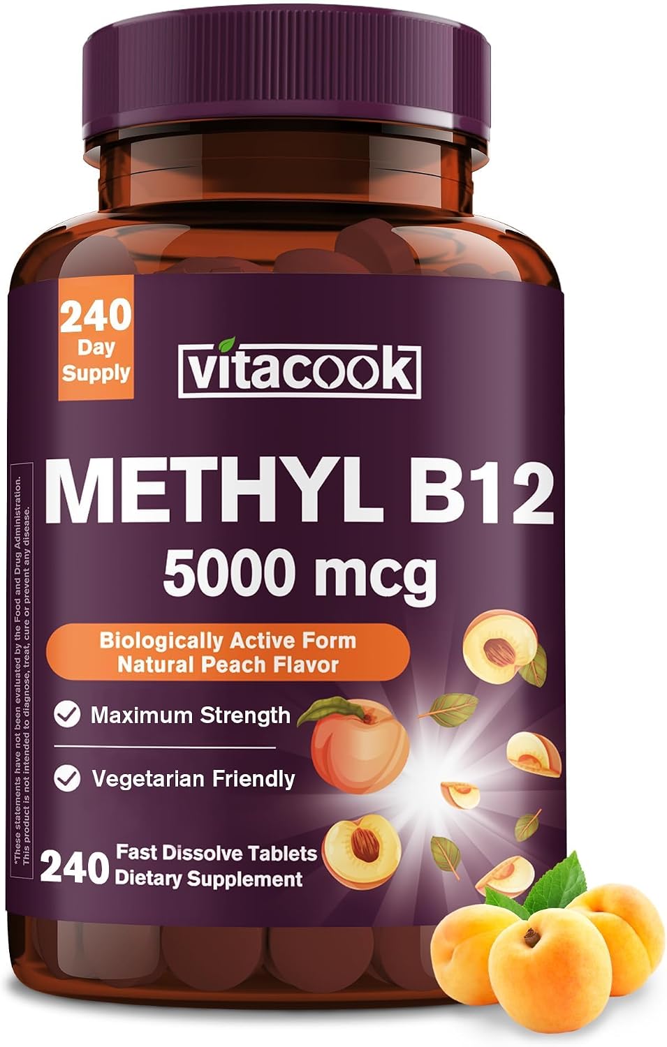 Vitamina B12 Sublingual, Metilcobalamina 5000mcg para Energía, Nervios y Células, Sabor Melocotón Natural, Vegano, Cero Azúcar, 90 Comprimidos de Disolución Rápida